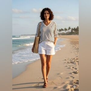 Nautica Women's Small S Striped V Neck Top 3/4 Sleeve Roll Tab Back